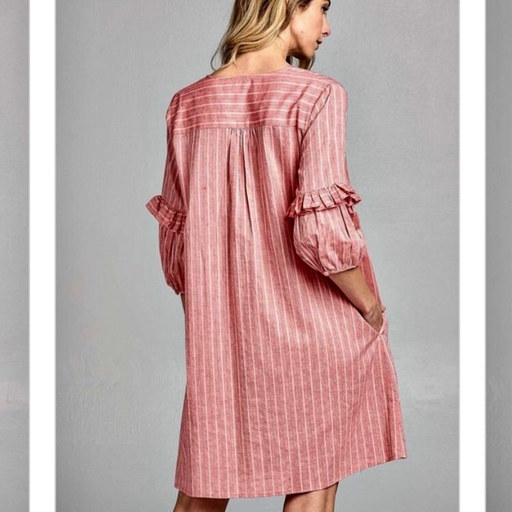 Babydoll vneck ruffle sleeves corral striped dress - Picture 3 of 6